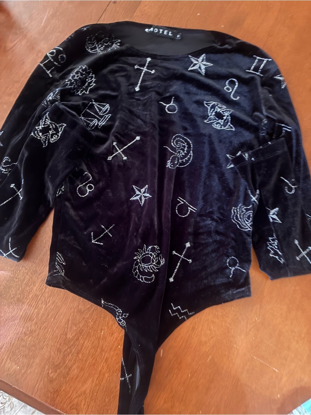 Motel Rocks Black Velvet Zodiac Embroidered Tie-Front Top